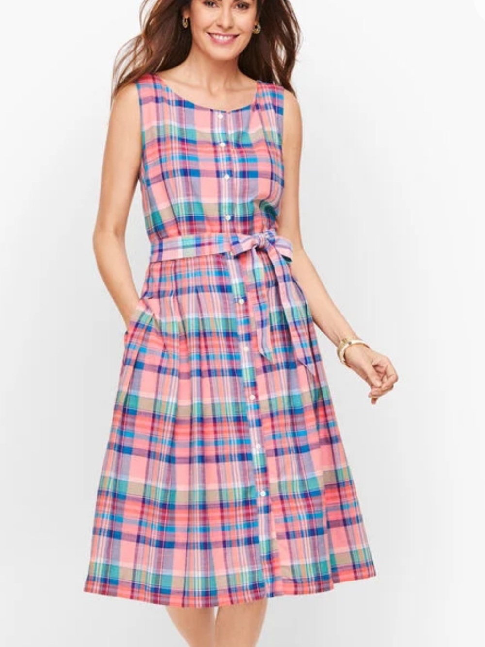Talbots MADRAS BUTTON FRONT SHIRTDRESS plaid pleated colorful cotton womens 14P